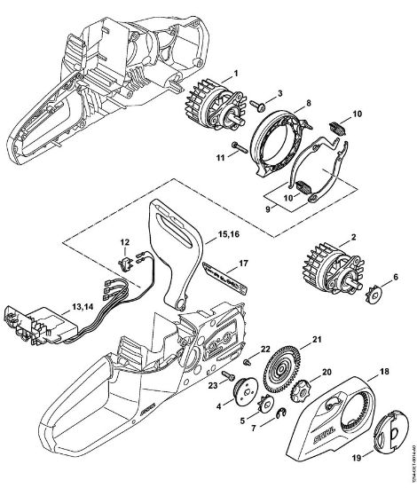Akku-Motorsägen (MSA) MSA 120 C-B Elektromotor, Elektronikmodul, Kettenraddeckel der Marke Stihl