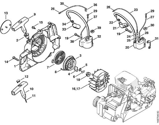 Benzinmotorsägen (MS) 017 C Anwerfvorrichtung, Zündanlage der Marke Stihl