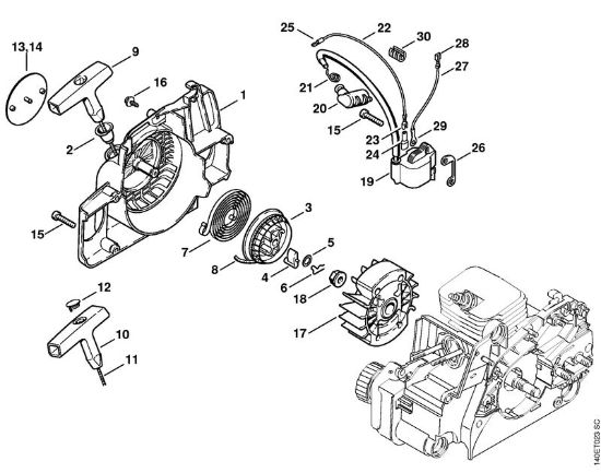 Benzinmotorsägen (MS) 018 C Anwerfvorrichtung, Zündanlage der Marke Stihl