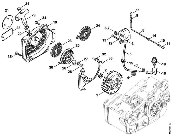 Benzinmotorsägen (MS) 020 (1129) Anwerfvorrichtung der Marke Stihl