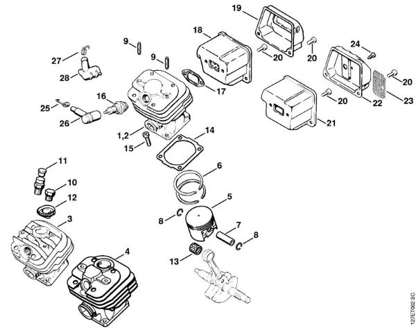 Benzinmotorsägen (MS) 024 S Zylinder, Schalldämpfer der Marke Stihl