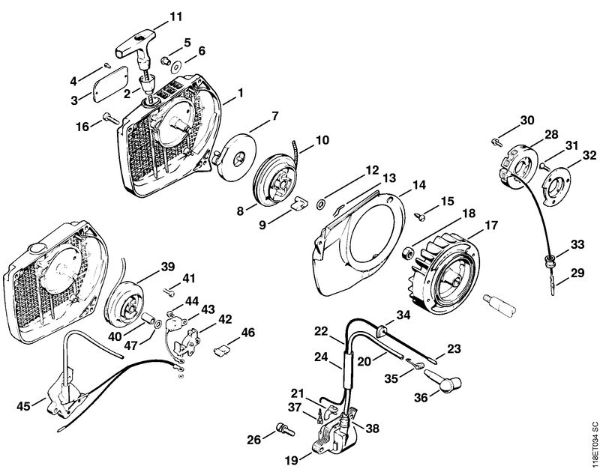 Benzinmotorsägen (MS) 028 WB Anwerfvorrichtung (Klinke), Zündanlage (Elektronik) der Marke Stihl