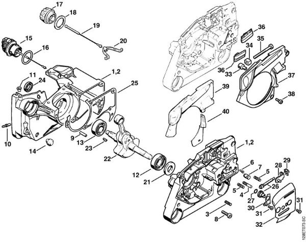 Benzinmotorsägen (MS) 034 S Kurbelgehäuse, Kettenspannvorrrichtung der Marke Stihl