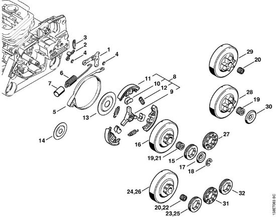 Benzinmotorsägen (MS) 036 W Kettenbremse, Kupplung der Marke Stihl