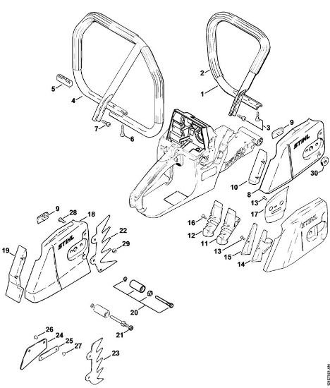Benzinmotorsägen (MS) 038 S Griffrohr, Kettenraddeckel der Marke Stihl