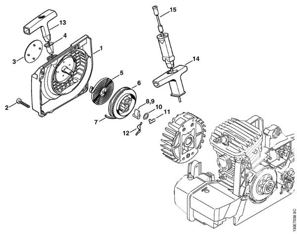 Benzinmotorsägen (MS) 039 Lüftergehäuse mit Anwerfvorrichtung der Marke Stihl