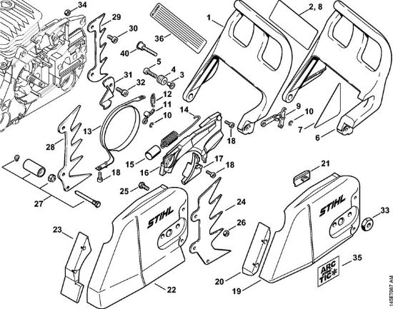 Benzinmotorsägen (MS) 046 Magnum BR Kettenbremse, Kettenraddeckel der Marke Stihl