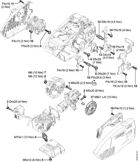 Benzinmotorsägen (MS) MS 150 TC-E Anziehdrehmomente der Marke Stihl