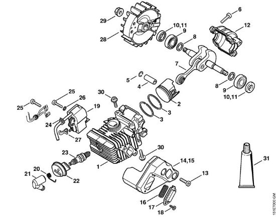 Benzinmotorsägen (MS) MS 192 C-E Zylinder mit Kolben, Zündanlage der Marke Stihl