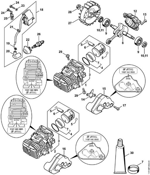 Benzinmotorsägen (MS) MS 193 C-E Zylinder mit Kolben, Zündanlage der Marke Stihl