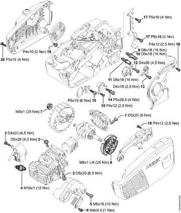 Benzinmotorsägen (MS) MS 193 T Anziehdrehmomente der Marke Stihl