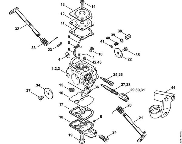 Benzinmotorsägen (MS) MS 230 C-BE Vergaser C1QÂ­S91, -S92, -S107, C1Q-100338, 1123/36 der Marke Stihl