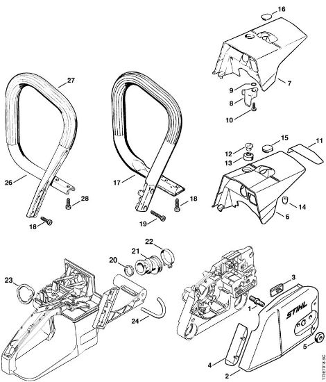 Benzinmotorsägen (MS) MS 340 Kettenraddeckel, Griffrohr der Marke Stihl