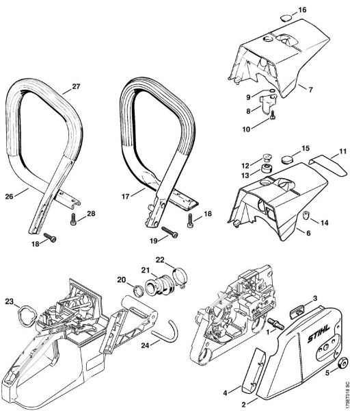 Benzinmotorsägen (MS) MS 340 Kettenraddeckel, Griffrohr der Marke Stihl