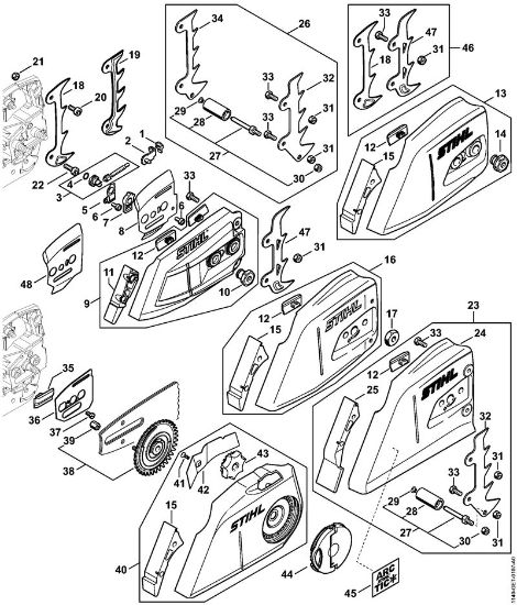 Benzinmotorsägen (MS) MS 362 C-M Kettenspannvorrichtung, Kettenraddeckel der Marke Stihl
