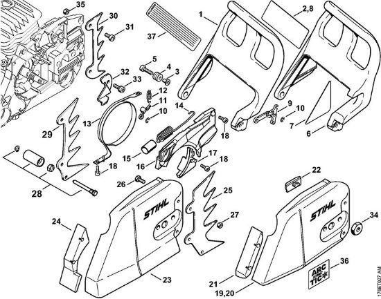 Benzinmotorsägen (MS) MS 460-D Kettenbremse, Kettenraddeckel der Marke Stihl