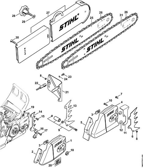 Benzinmotorsägen (MS) MS 461-VW Kettenraddeckel, Führungsschiene der Marke Stihl