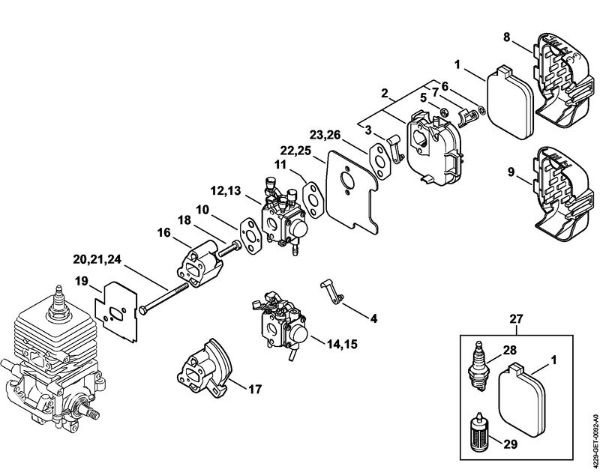 Saughäcksler (SH) SH 85-DZ Vergaser, Luftfilter der Marke Stihl