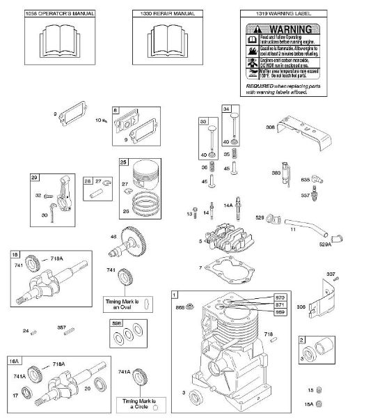 B&S - 09â  093312-0182-B1 C - Nockenwelle, Kurbelwelle, Zylinder, Zylinderkopf, Bedienerhandbuch, Kolben/Kolbenringe/Pleuel, Warnhinweisschild der Marke Stihl