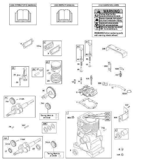 B&S - 09â  093312-1182-B1 C - Nockenwelle, Kurbelwelle, Zylinder, Zylinderkopf, Bedienerhandbuch, Kolben/Kolbenringe/Pleuel, Warnhinweisschild der Marke Stihl