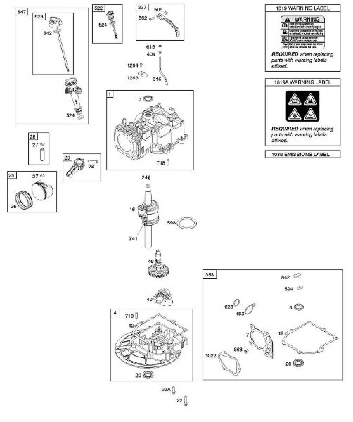 B&S - 09â  09P702-0044-F1 D - Nockenwelle, Kurbelwelle, Zylinder, Dichtungssatz, Kolben/Kolbenringe/Pleuel, Sumpf, Warnhinweisschild der Marke Stihl