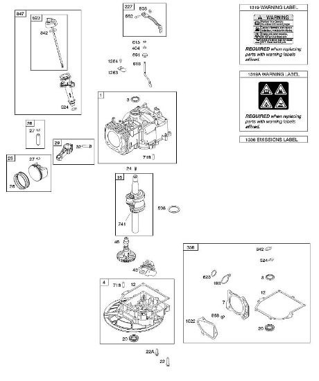 B&S - 10â  103M02-0061-H1 E - Nockenwelle, Kurbelwelle, Zylinder, Dichtungssatz, Kolben/Kolbenringe/Pleuel, Sumpf, Warnhinweisschild der Marke Stihl
