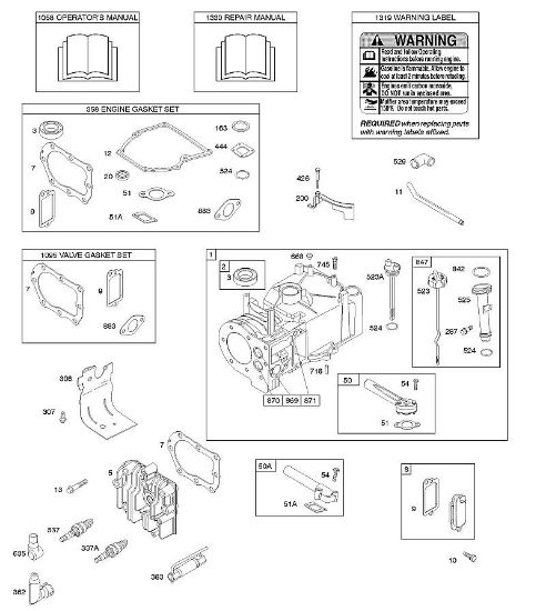 B&S - 10â  10A902-2128-E1 E - Zylinder, Zylinderkopf, Dichtungssatz â€‘ Motor, Dichtungssatz â€‘ Ventil, Schmierung, Bedienerhandbuch, Warnhinweisschild der Marke Stihl
