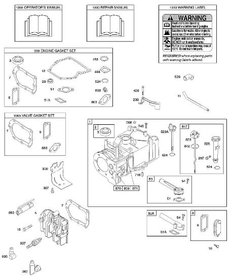 B&S - 10â  10D902-0136-B1 F - Zylinder, Zylinderkopf, Dichtungssatz â€‘ Motor, Dichtungssatz â€‘ Ventil, Schmierung, Bedienerhandbuch, Warnhinweisschild der Marke Stihl
