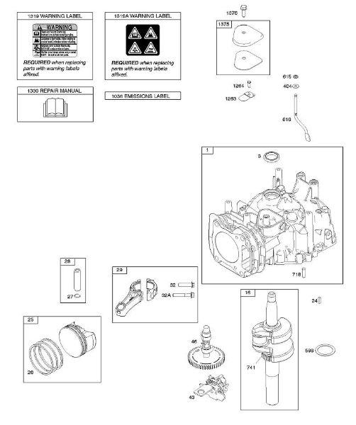 B&S - 12â  122Q02-0146-B1 C - Nockenwelle, Kurbelwelle, Zylinder, Bedienerhandbuch, Kolben/Kolbenringe/Pleuel, Warnhinweisschild der Marke Stihl