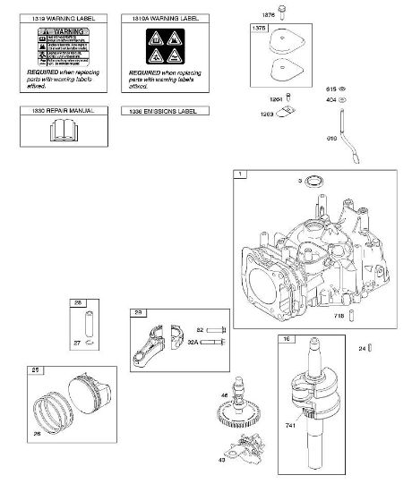 B&S - 12â  12Q902-0169-B1 D - Nockenwelle, Kurbelwelle, Zylinder, Bedienerhandbuch, Kolben/Kolbenringe/Pleuel, Warnhinweisschild der Marke Stihl