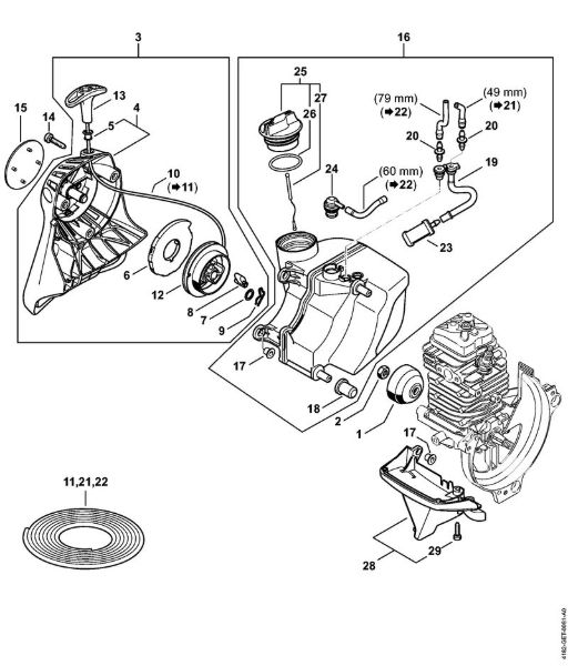 Hoch-Entaster (HT) HT 103 Anwerfvorrichtung, Kraftstofftank der Marke Stihl