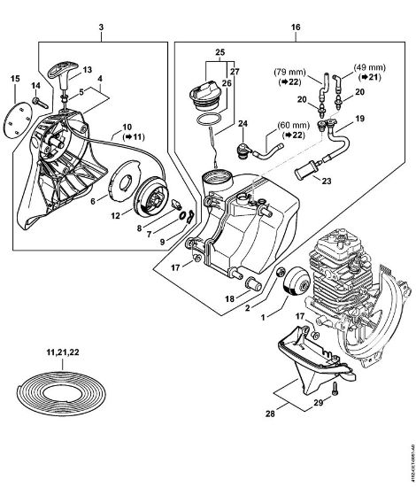 Hoch-Entaster (HT) HT 105 Anwerfvorrichtung, Kraftstofftank der Marke Stihl