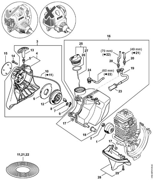 Hoch-Entaster (HT) HT 131 Anwerfvorrichtung, Kraftstofftank der Marke Stihl