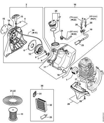 Hoch-Entaster (HT) HT 135 Anwerfvorrichtung, Kraftstofftank der Marke Stihl