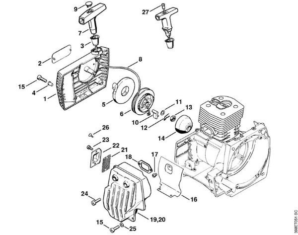 Freischneider FS 500 Anwerfvorrichtung, Schalldämpfer der Marke Stihl
