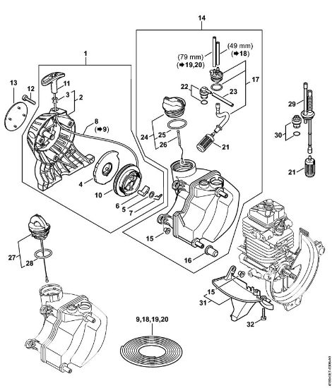 Motorsensen (FS) FS 100 R Anwerfvorrichtung, Kraftstofftank der Marke Stihl
