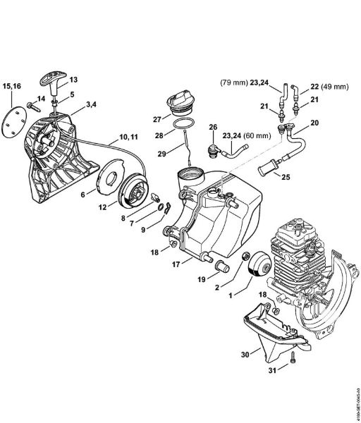 Motorsensen (FS) FS 89 Anwerfvorrichtung, Kraftstofftank der Marke Stihl