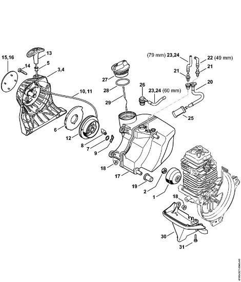 Motorsensen (FS) FS 89 R Anwerfvorrichtung, Kraftstofftank der Marke Stihl