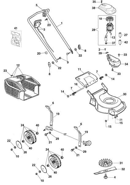 Complete illustrated parts list G 44 PE Electric lawnmower